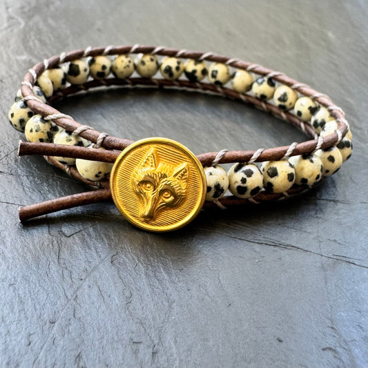 Leather Wrap Bracelet with Brass Fox Mask Button
