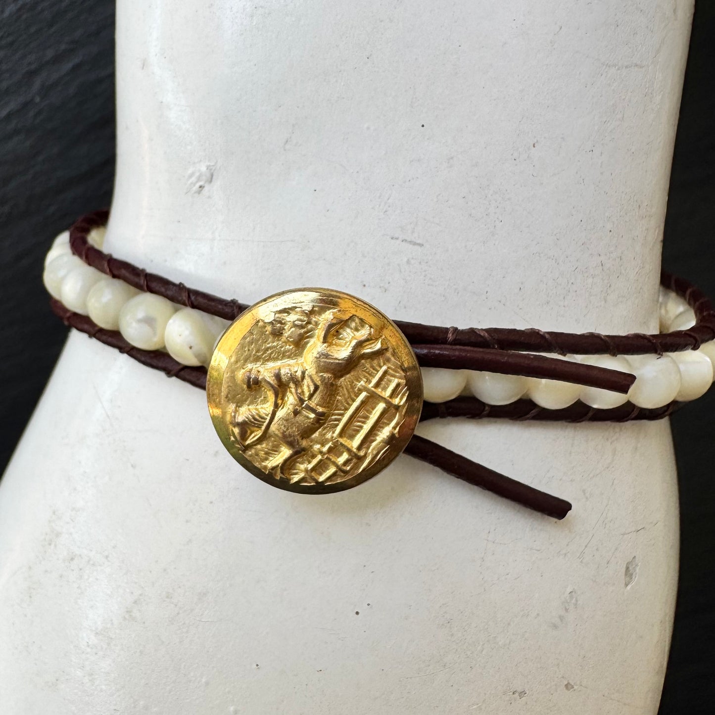 Leather Wrap Bracelet with Mother of Pearl & Brass Jumping Horse button