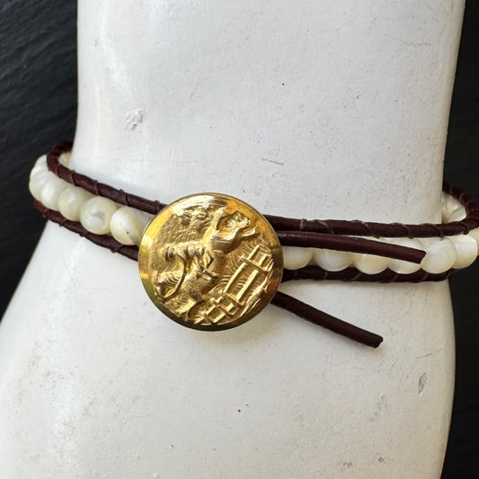 Leather Wrap Bracelet with Mother of Pearl & Brass Jumping Horse button