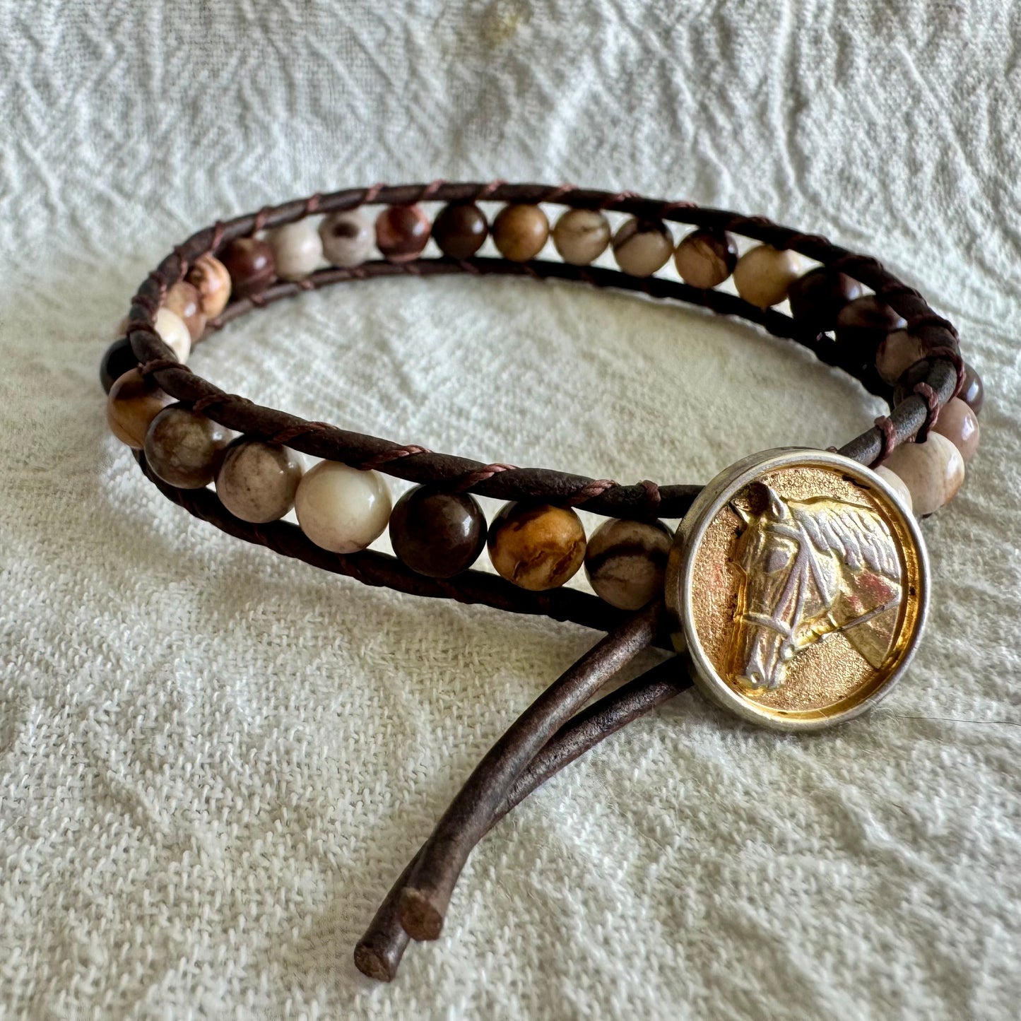 Leather Wrap Bracelet with Wild Horse Jasper & Brass Horse Head Button