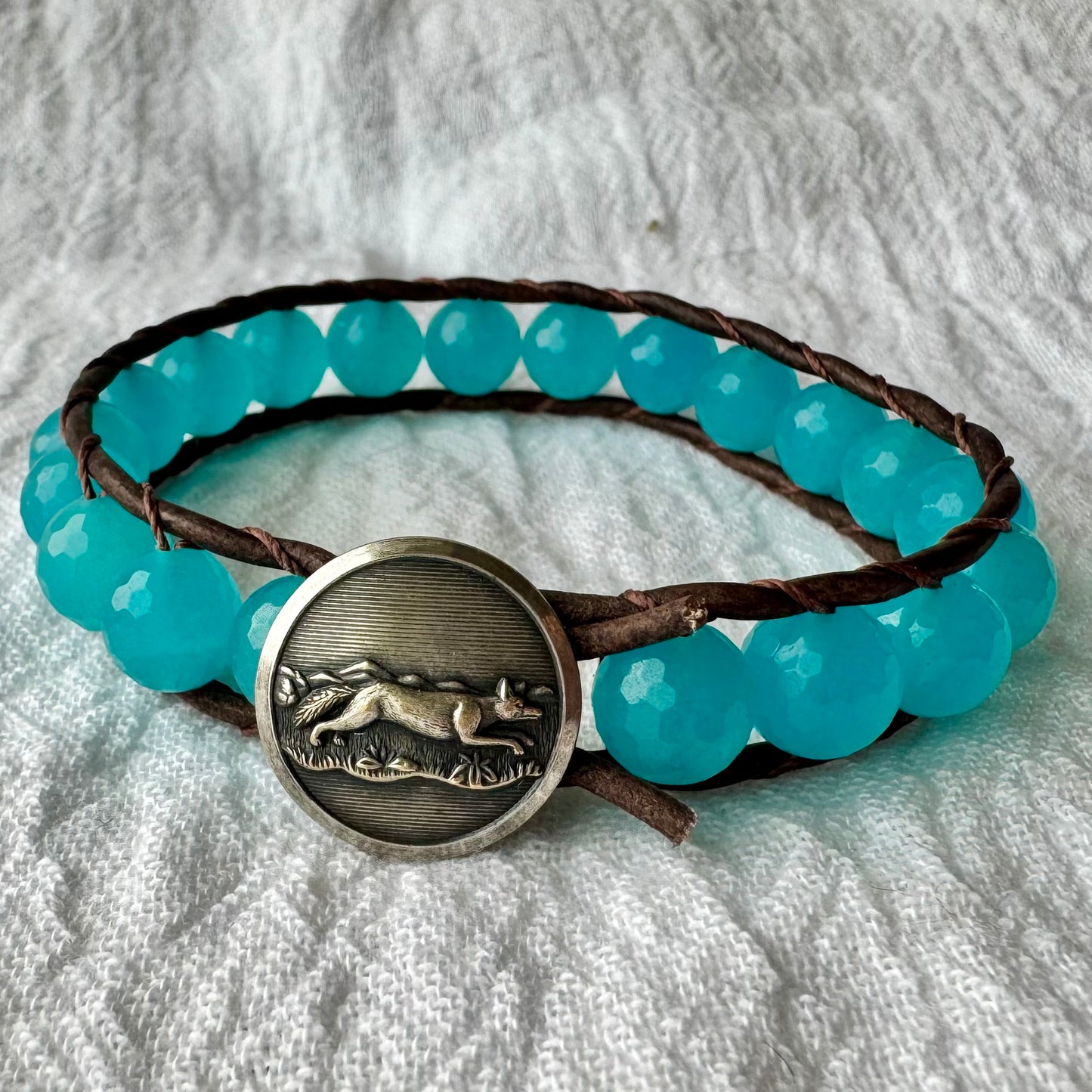 Leather Wrap Bracelet with Faceted Blue Chalcedony & Vintage Silver Fox Button