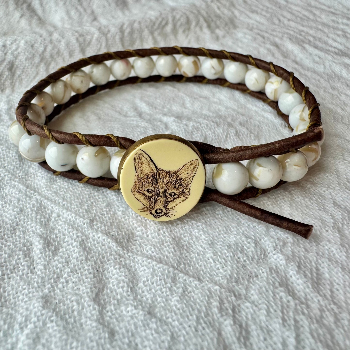 Leather Wrap Bracelet with White Shell Turquoise & Vintage Scrimshaw Fox Button
