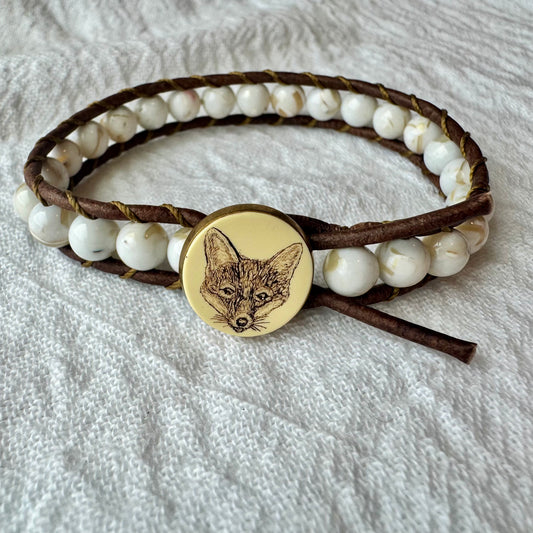 Leather Wrap Bracelet with White Shell Turquoise & Vintage Scrimshaw Fox Button