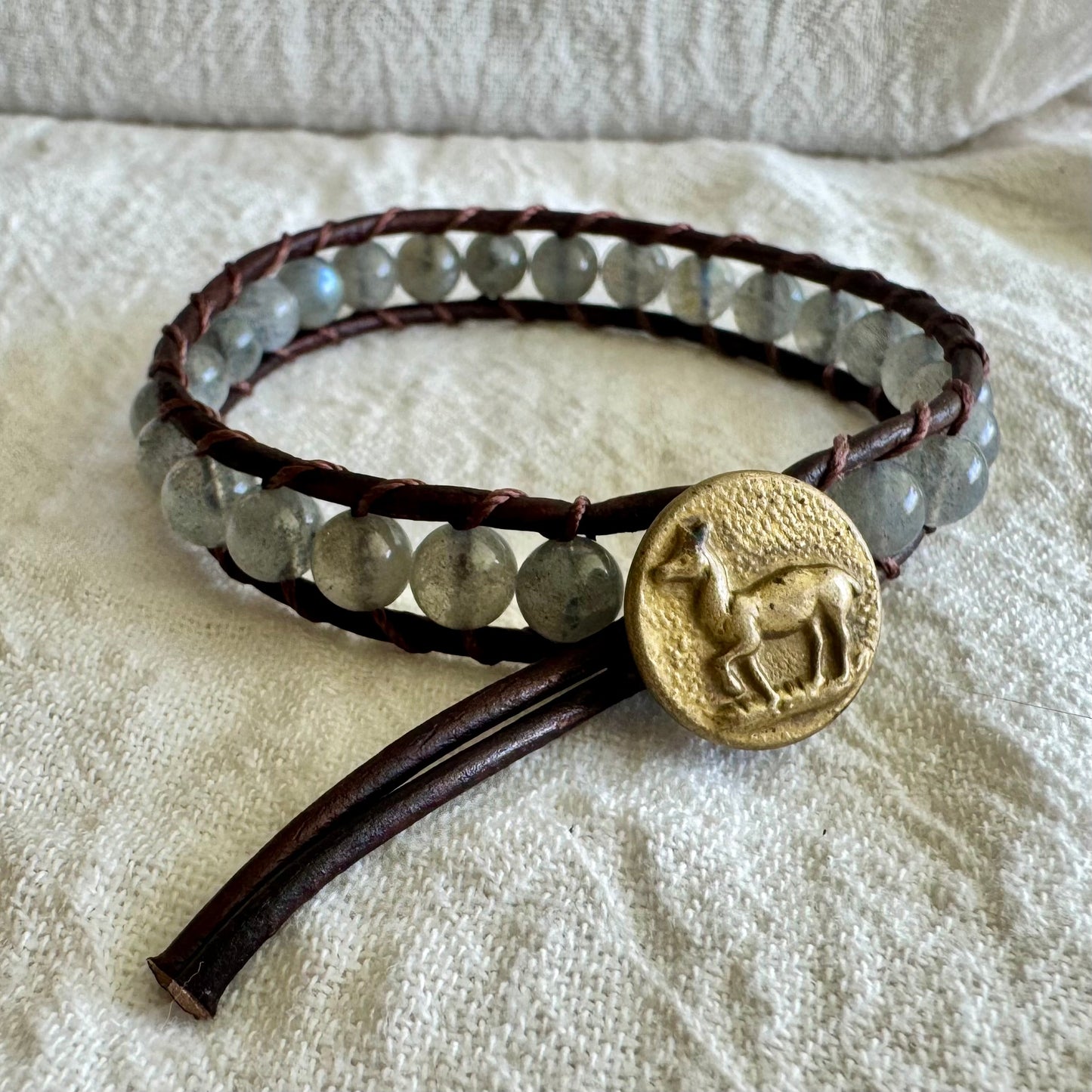 Leather Wrap Bracelet with Labradorite & Brass Dear