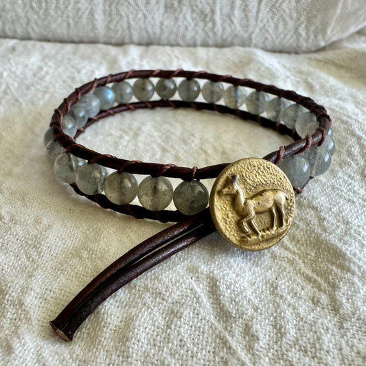 Leather Wrap Bracelet with Labradorite & Brass Deer