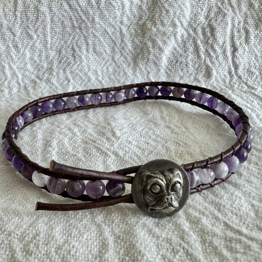 Leather Wrap Bracelet with Amethyst & Silver Pug Button