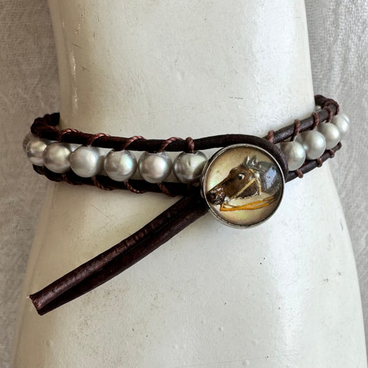 Leather Wrap Bracelet with Grey Fresh Water Pearls & Crystal Horse Head Button