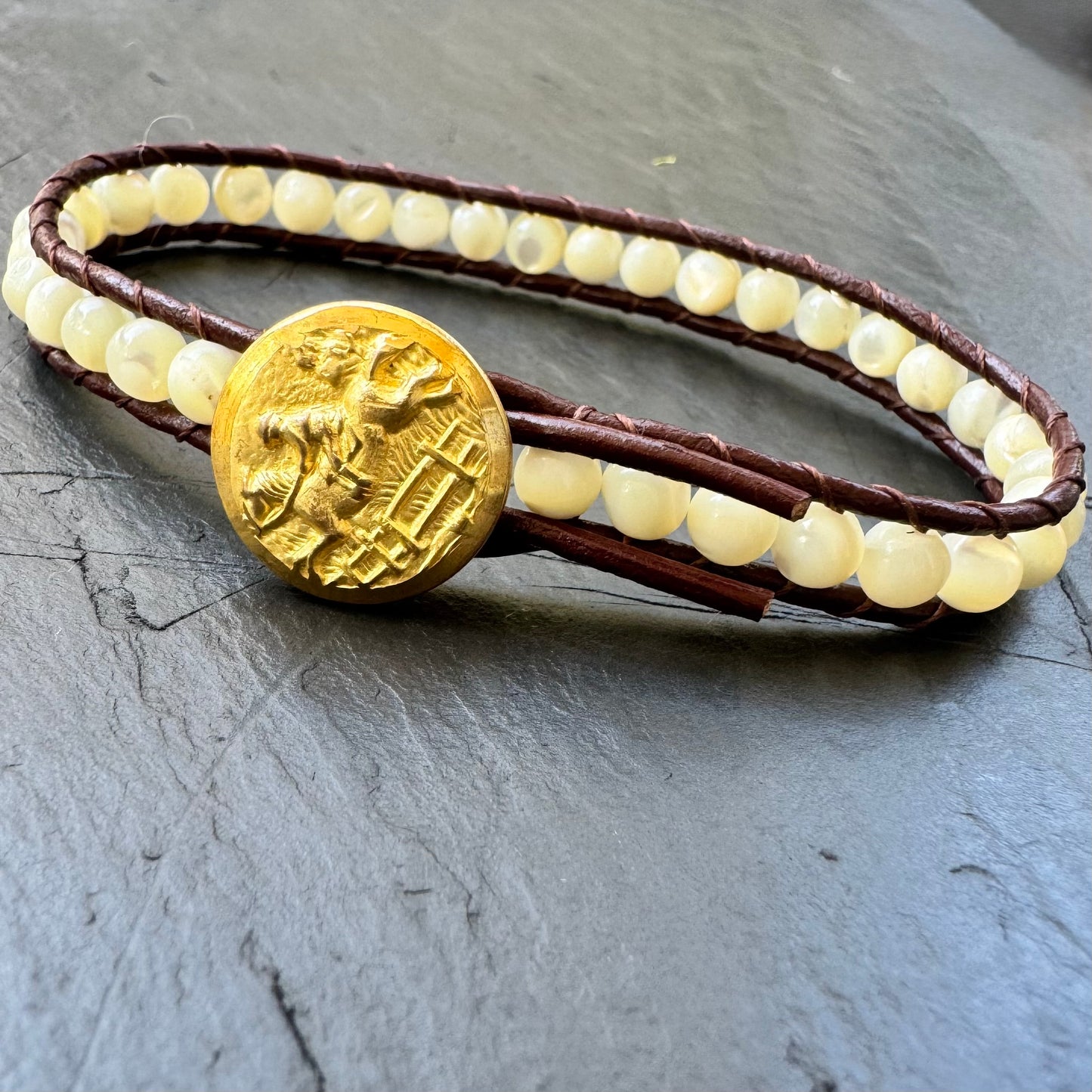Leather Wrap Bracelet with Mother of Pearl & Brass Jumping Horse button