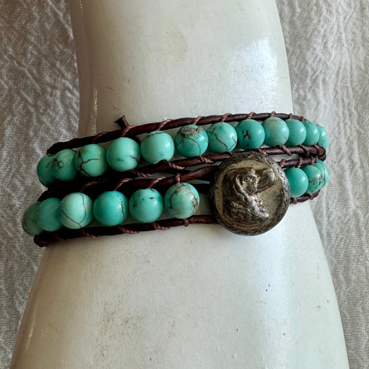 Leather Double Wrap Bracelet with Turquoise & Antique Hound Button