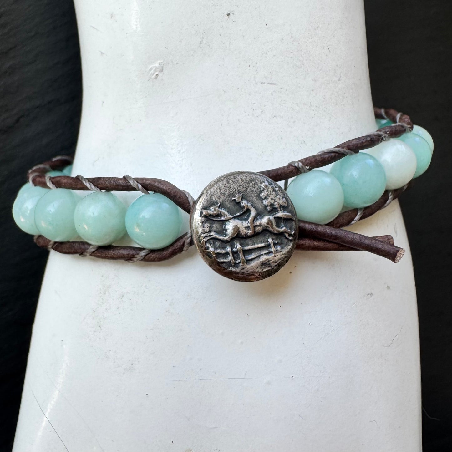 Leather Wrap Bracelet with Amazonite & Silver Jumping Horse Button
