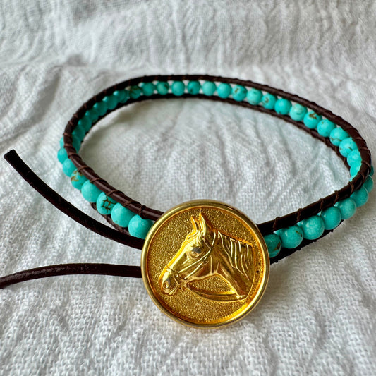 Leather Wrap Bracelet with Turquoise & Vintage Brass Horse Head Button￼