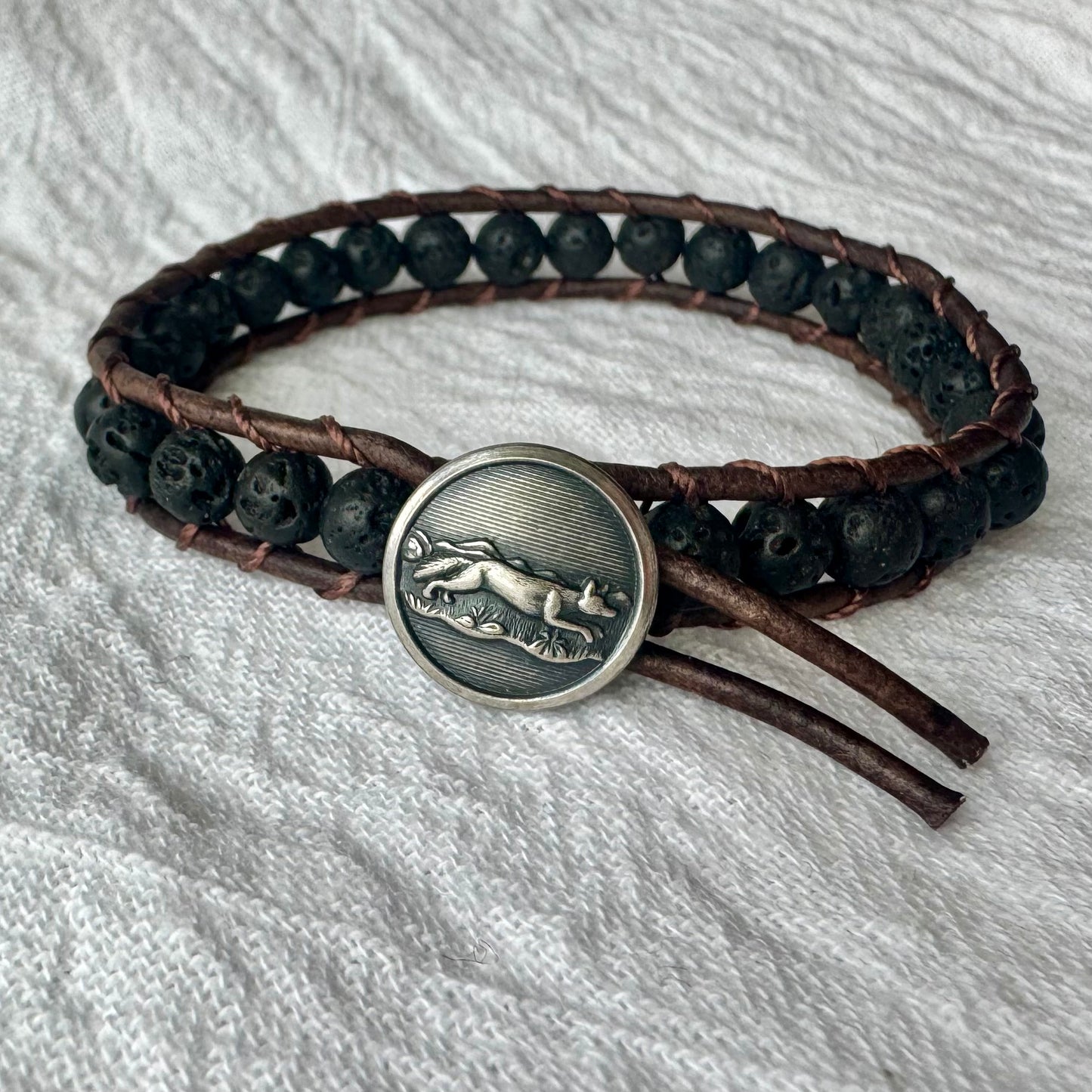 Leather Wrap Bracelet with Lava Rock & Vintage Silver Fox Button