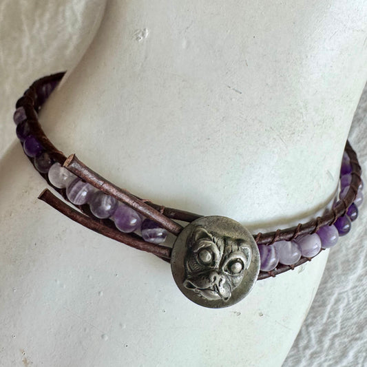 Leather Wrap Bracelet with Amethyst & Silver Pug Button