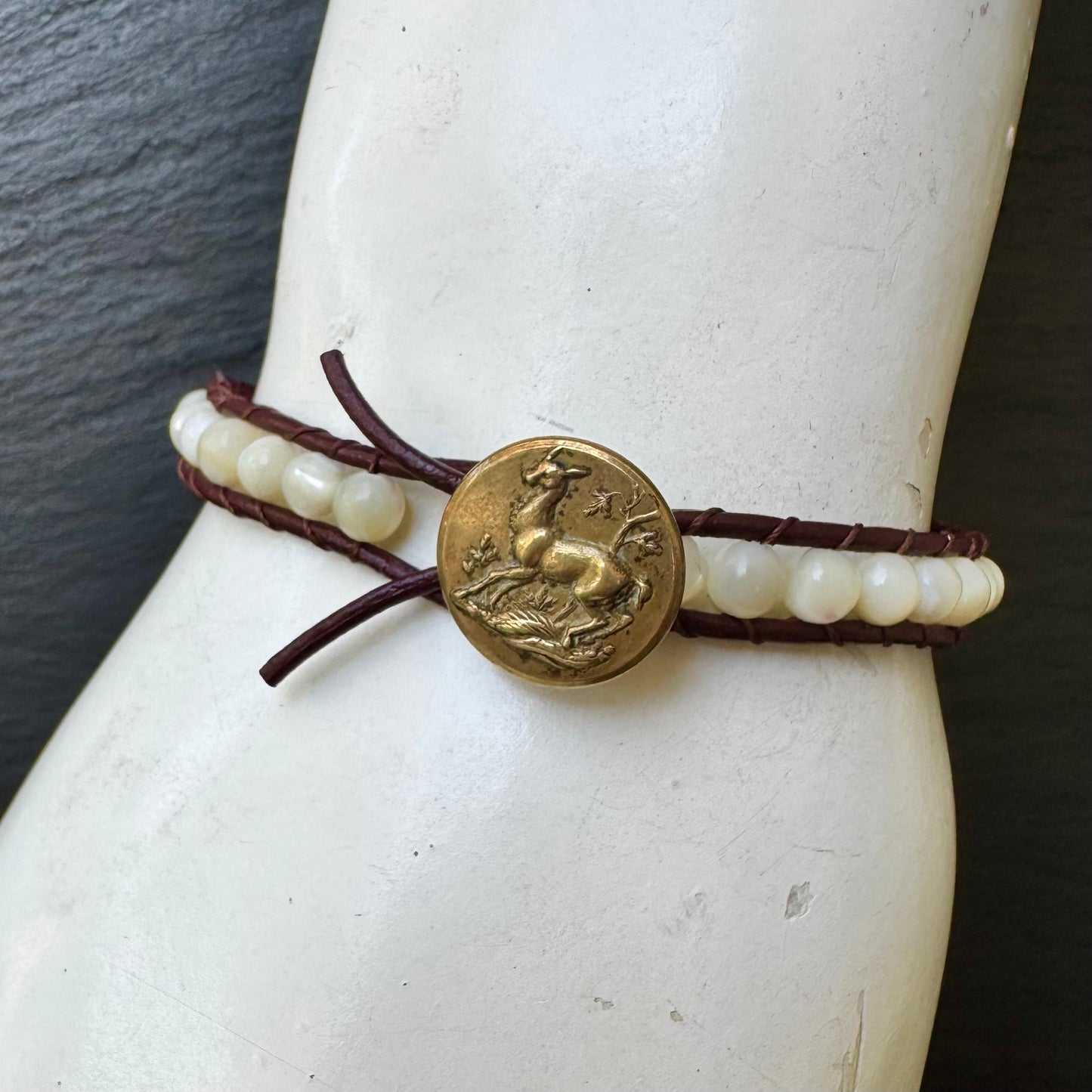 Leather Wrap Bracelet with Mother of Pearl & Brass Deer button