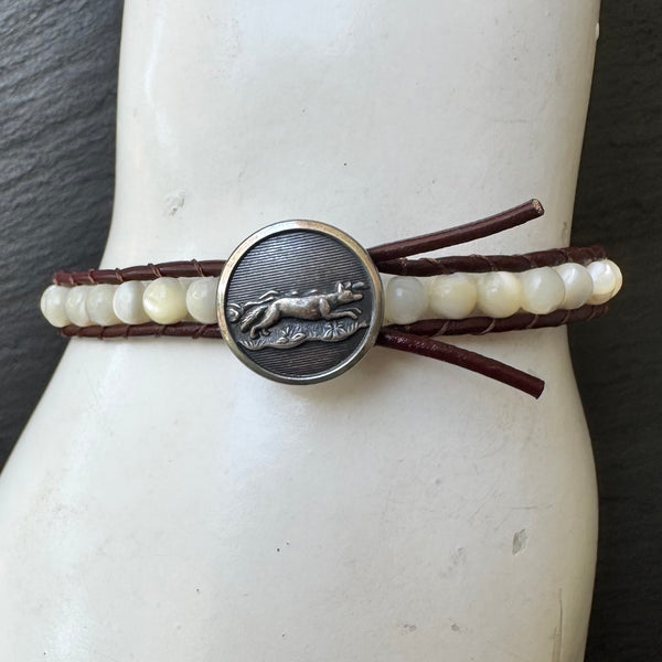 Leather Wrap Bracelet with Mother of Pearl & Silver Jumping Fox button