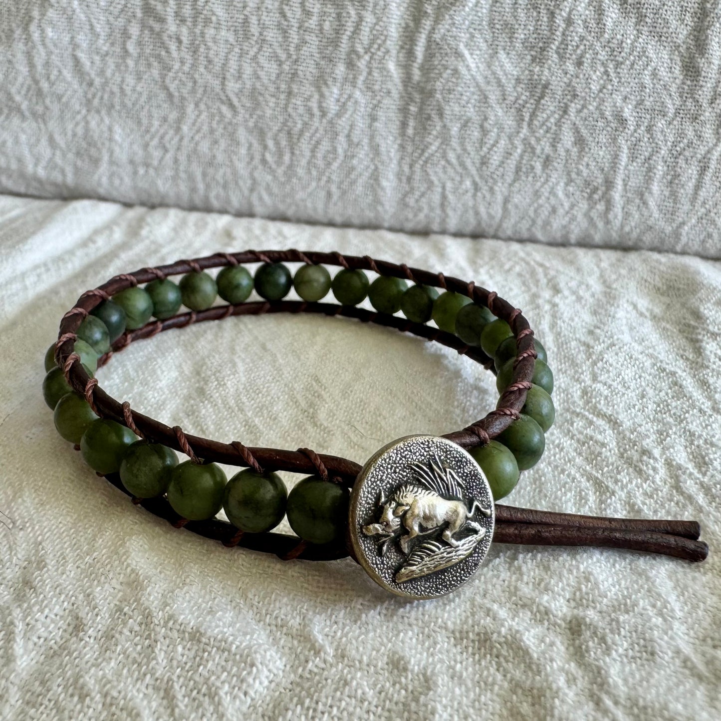 Leather Wrap Bracelet with Natural Jade & Silver Boar