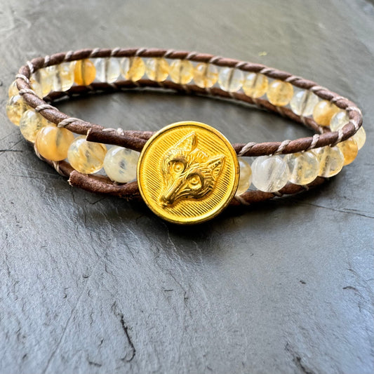 Leather Wrap Bracelet with Brass Fox Mask Button