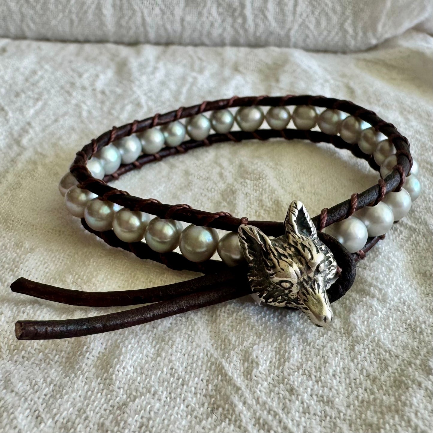 Leather Wrap Bracelet with Grey Fresh Water Pearls & Sterling Silver Fox Head