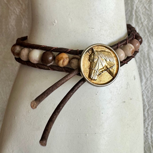 Leather Wrap Bracelet with Wild Horse Jasper & Brass Horse Head Button