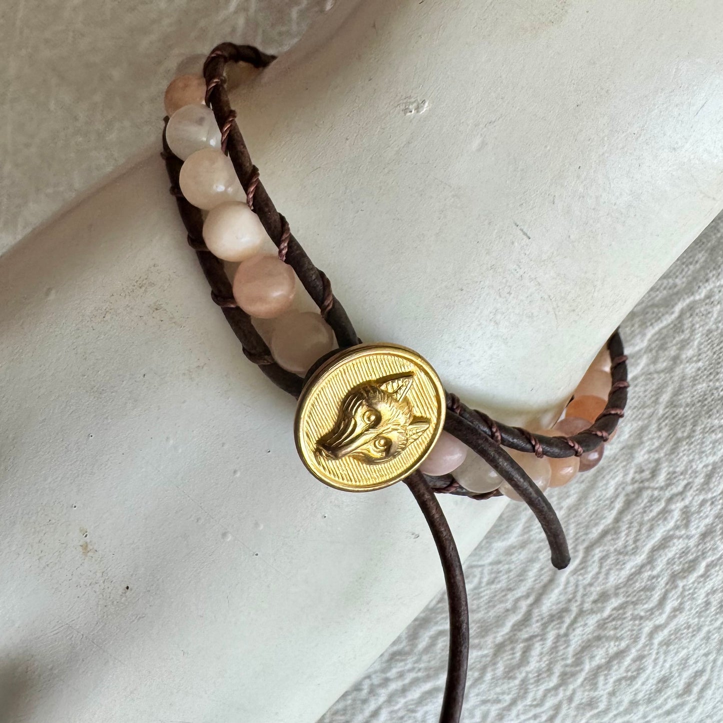 Leather Wrap Bracelet with Peach Moonstone & Brass Fox Head Button