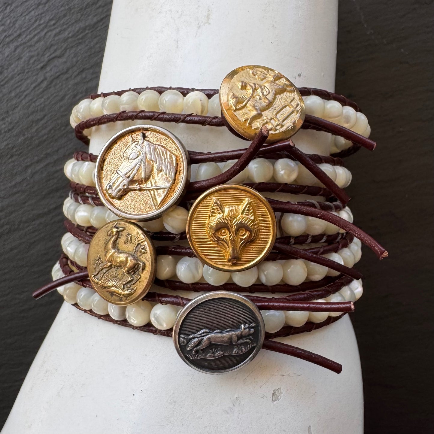 Leather Wrap Bracelet with Mother of Pearl & Brass Jumping Horse button