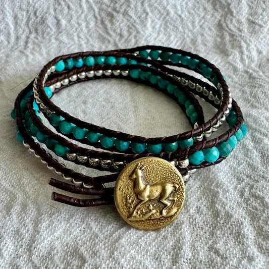 Leather Triple Wrap Bracelet with Turquoise & Brass Deer Button