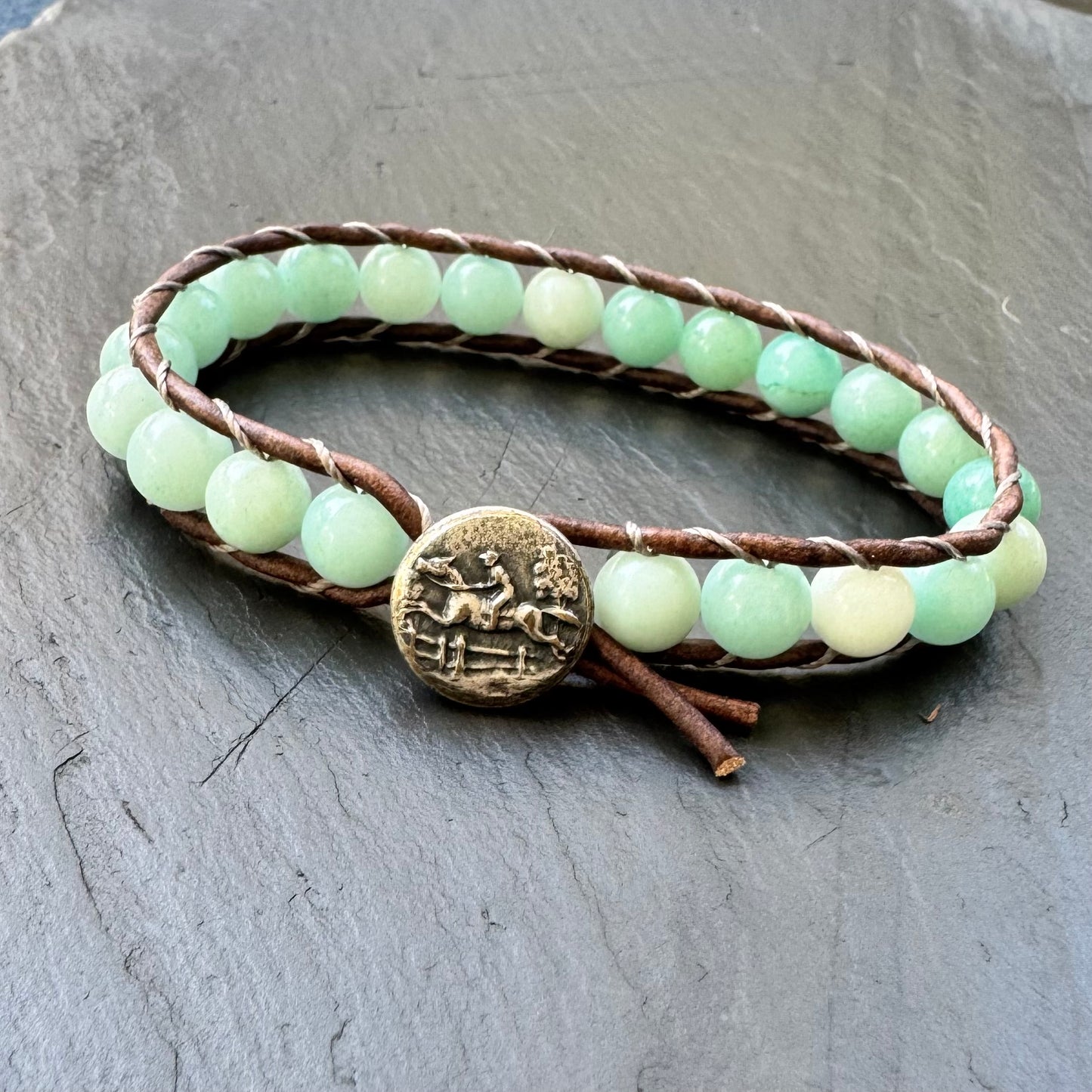 Leather Wrap Bracelet with Amazonite & Silver Jumping Horse Button