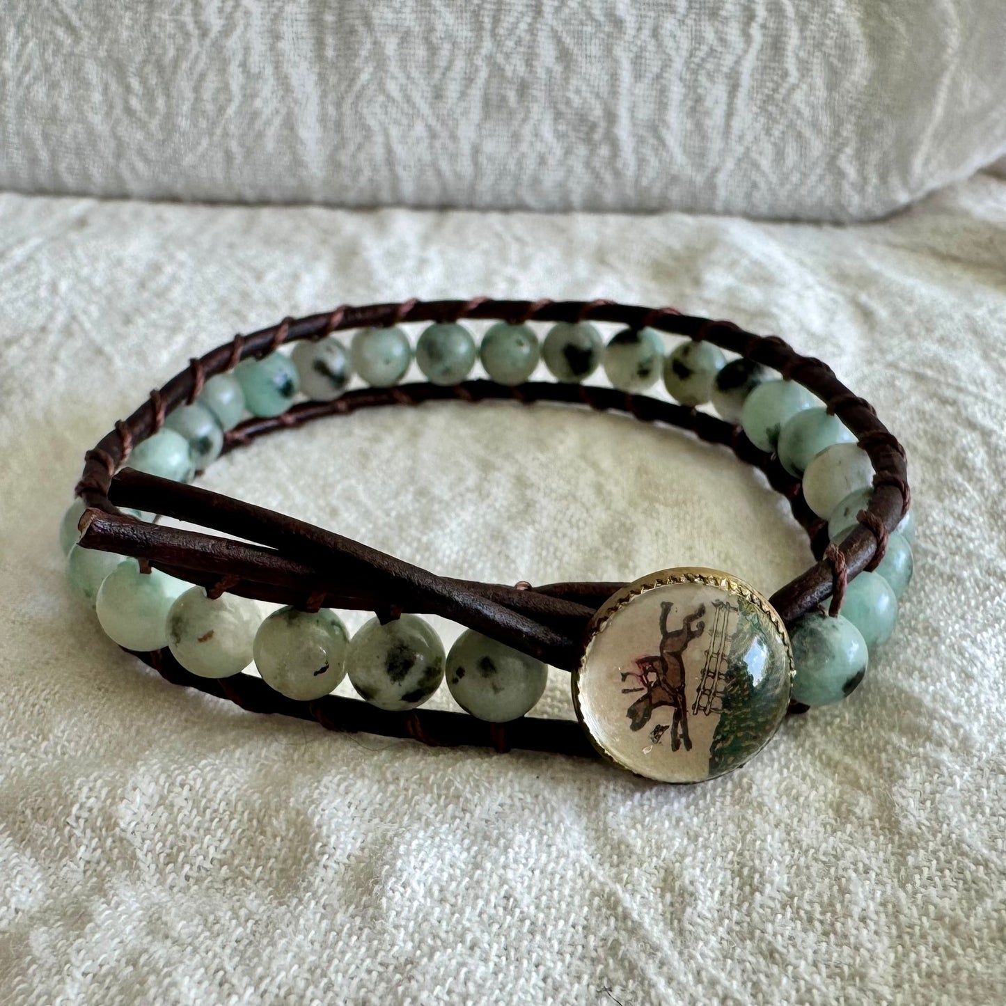 Leather Wrap Bracelet with Amazonite & Crystal Jumping Horse Button