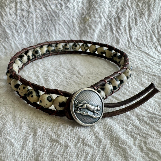 Leather Wrap Bracelet with Dalmatian Jasper & Silver Running Fox Button