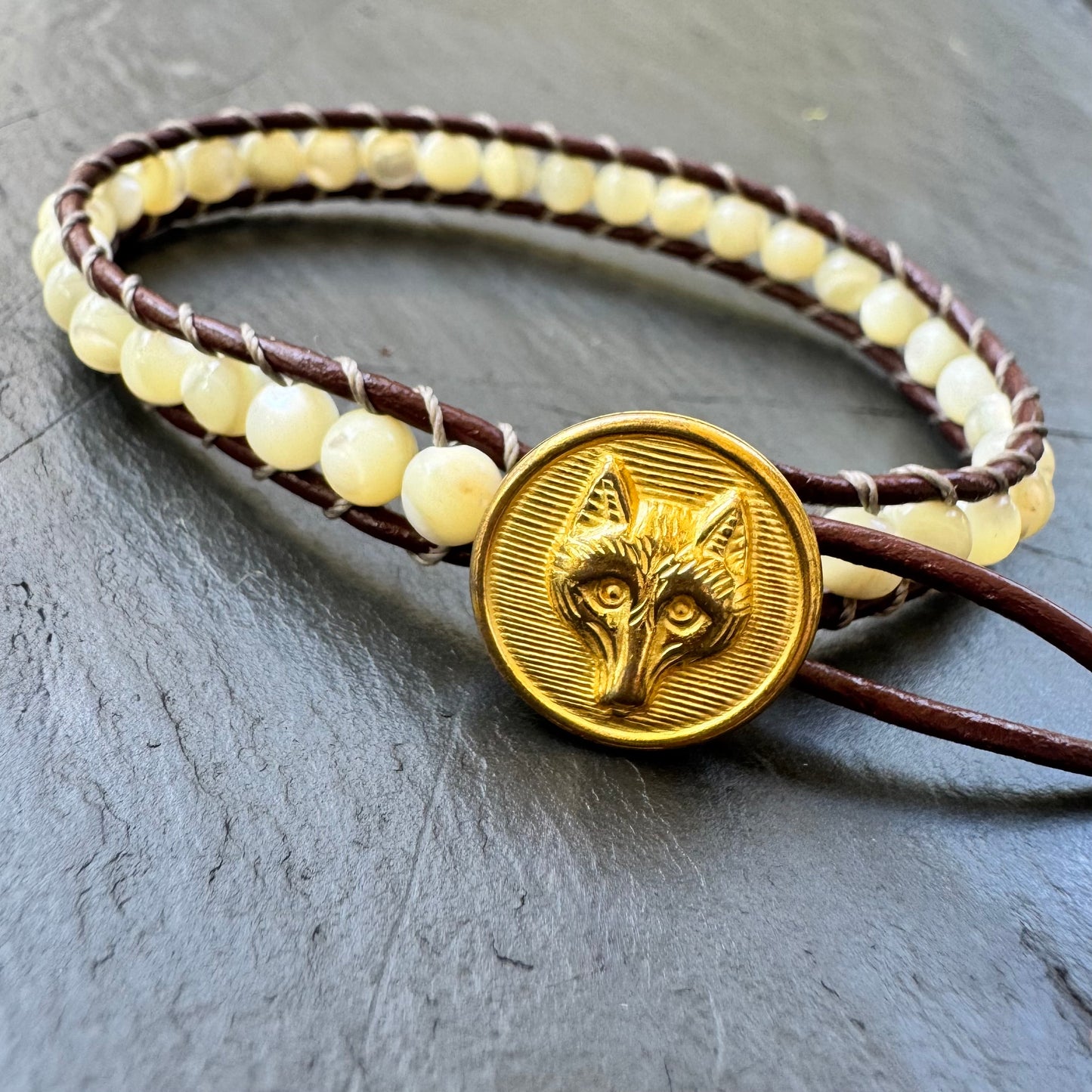 Leather Wrap Bracelet with Brass Fox Mask Button