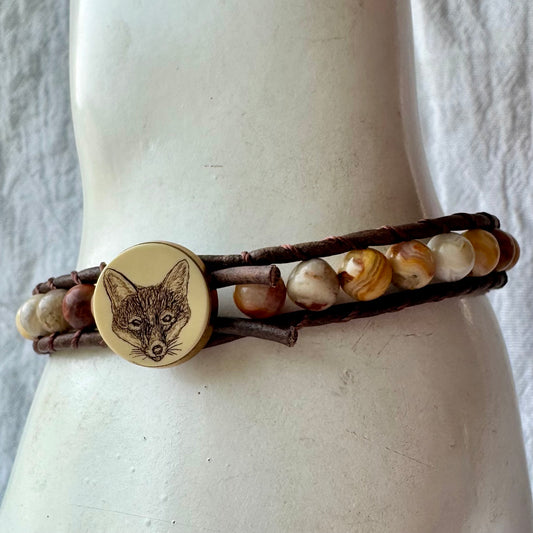 Leather Wrap Bracelet with Crazy Lace Agate & Vintage Scrimshaw Fox Button
