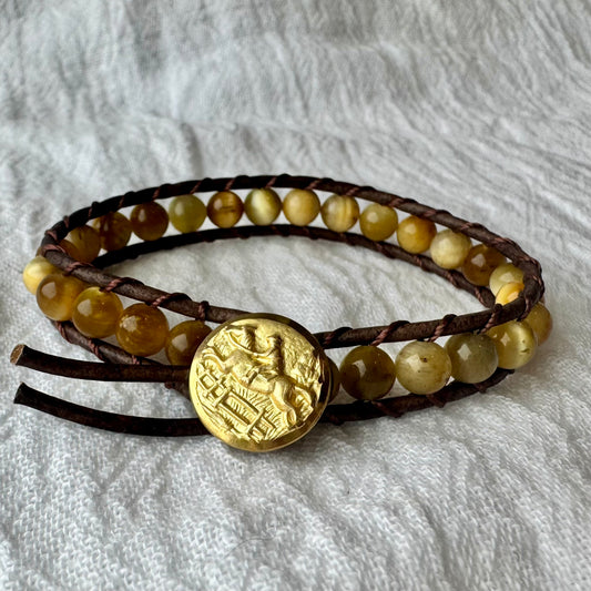 Leather Wrap Bracelet with Golden Tigers Eye & Vintage Brass Jumping Horse Button