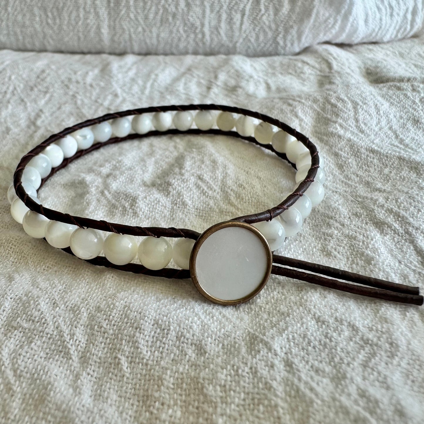 Leather Wrap Bracelet with Mother of Pearl & Pearl Button