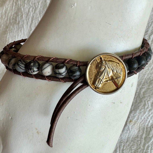 Leather Wrap Bracelet with Picasso Jasper & Brass Horse Head Button