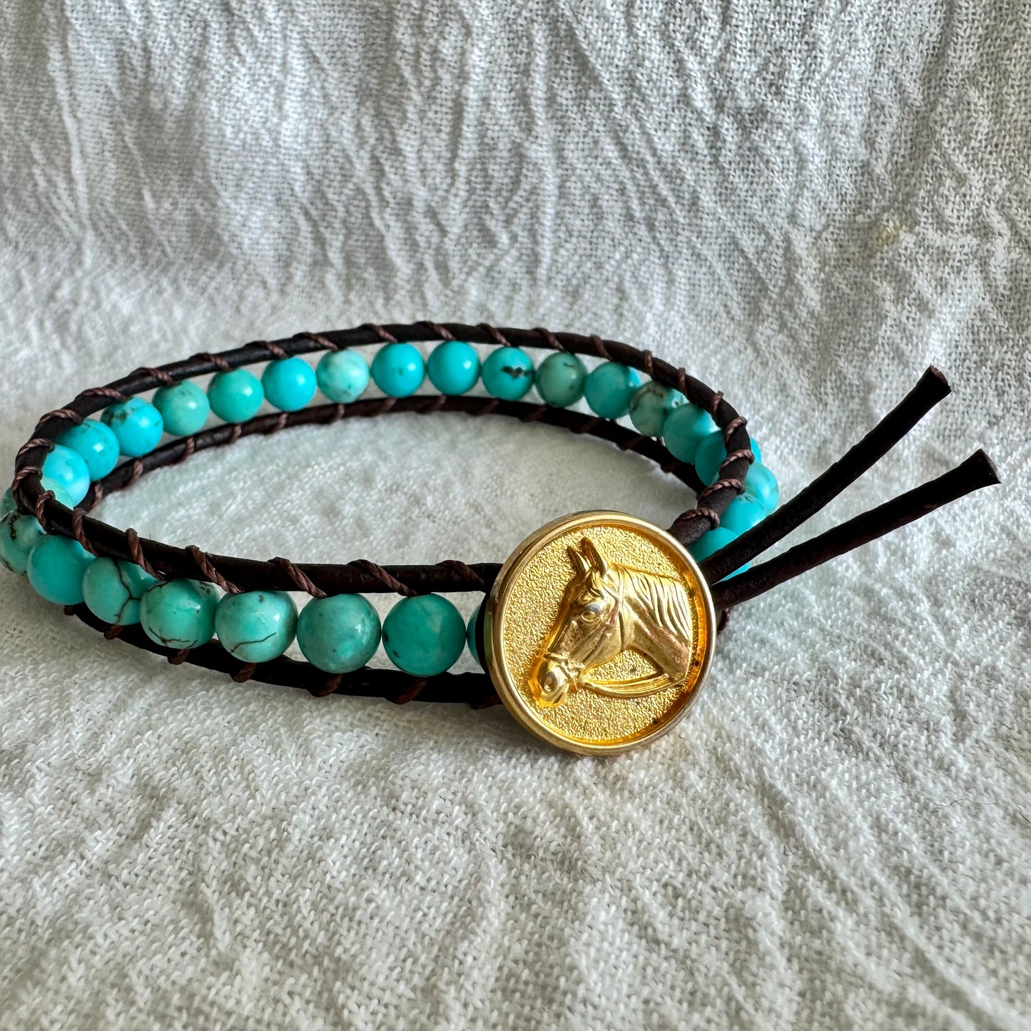 Leather Wrap Bracelet with Turquoise & Brass Horse Head Button