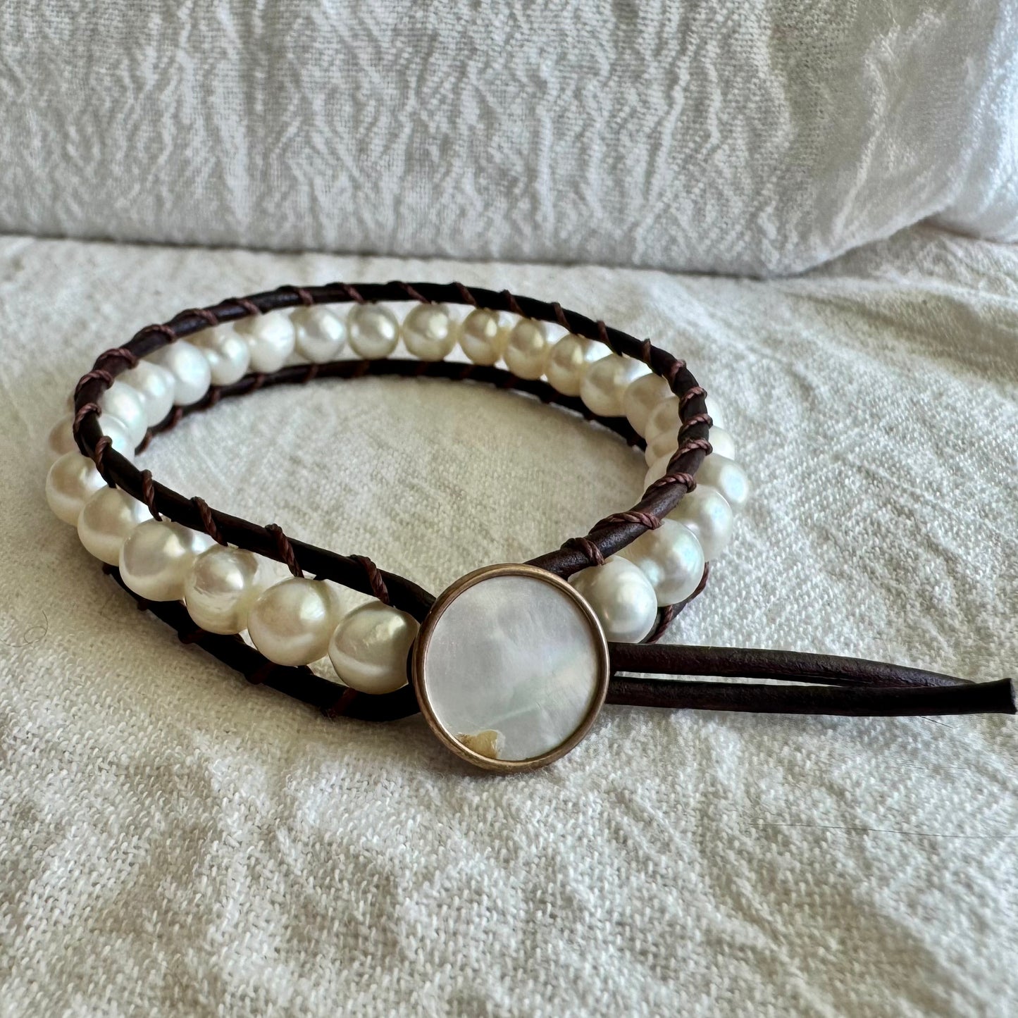 Leather Wrap Bracelet with White Fresh Water Pearls & Pearl Button
