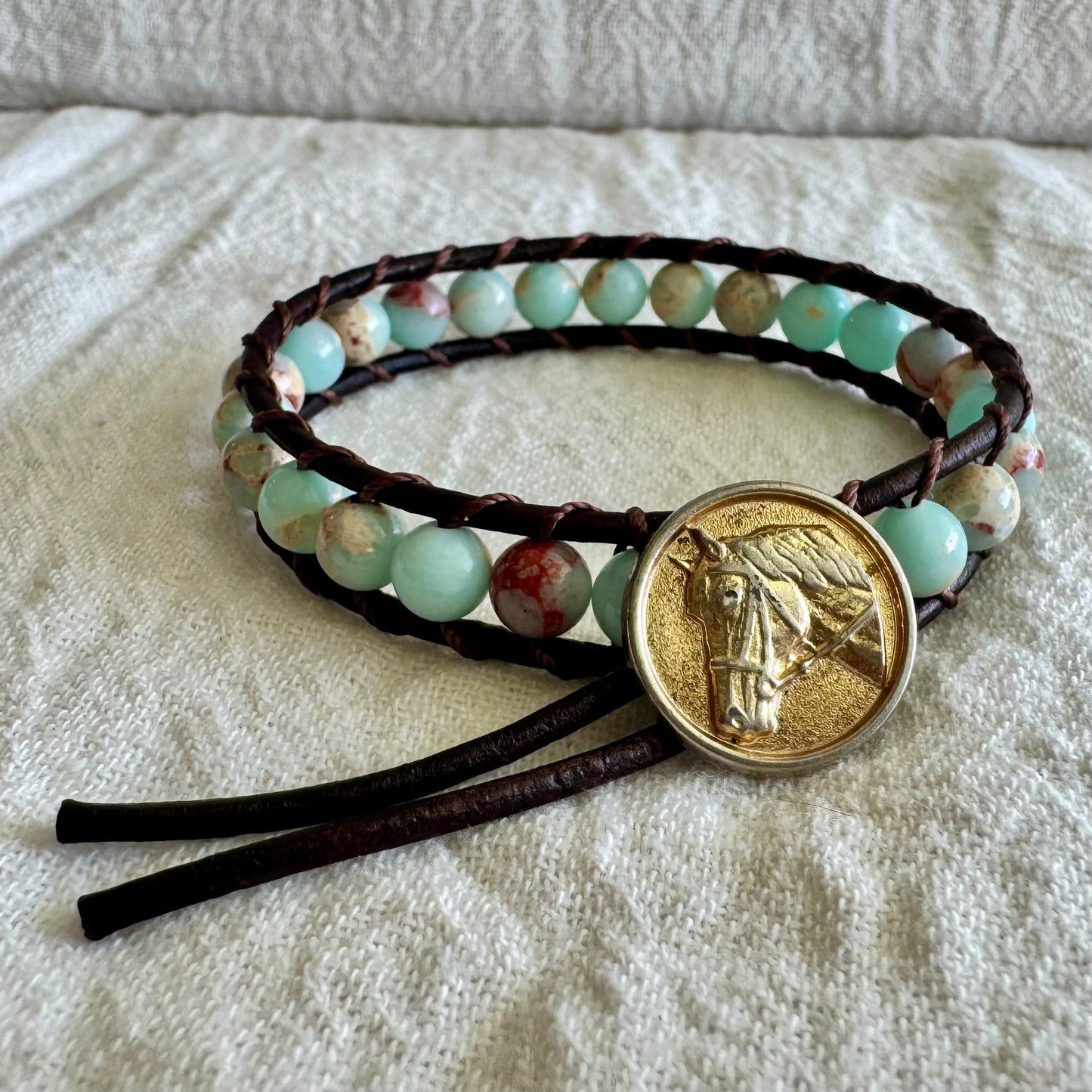 Leather Wrap Bracelet with Ocean Jasper & Brass Horse Button
