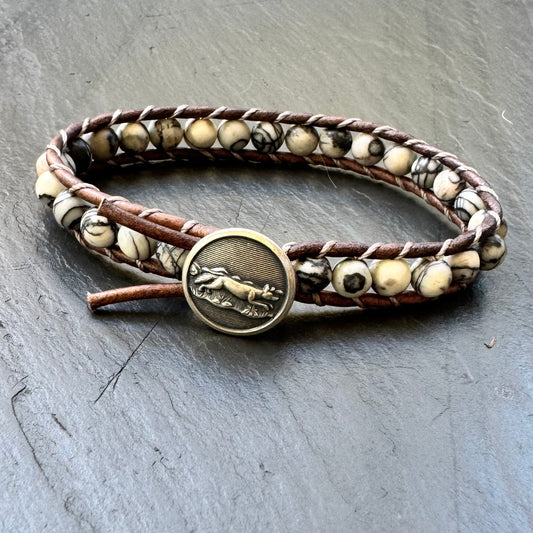 Leather Wrap Bracelet with Picasso Jasper & Silver Jumping Fox Button