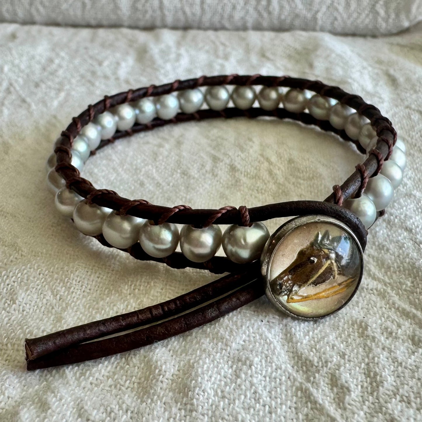 Leather Wrap Bracelet with Grey Fresh Water Pearls & Crystal Horse Head Button