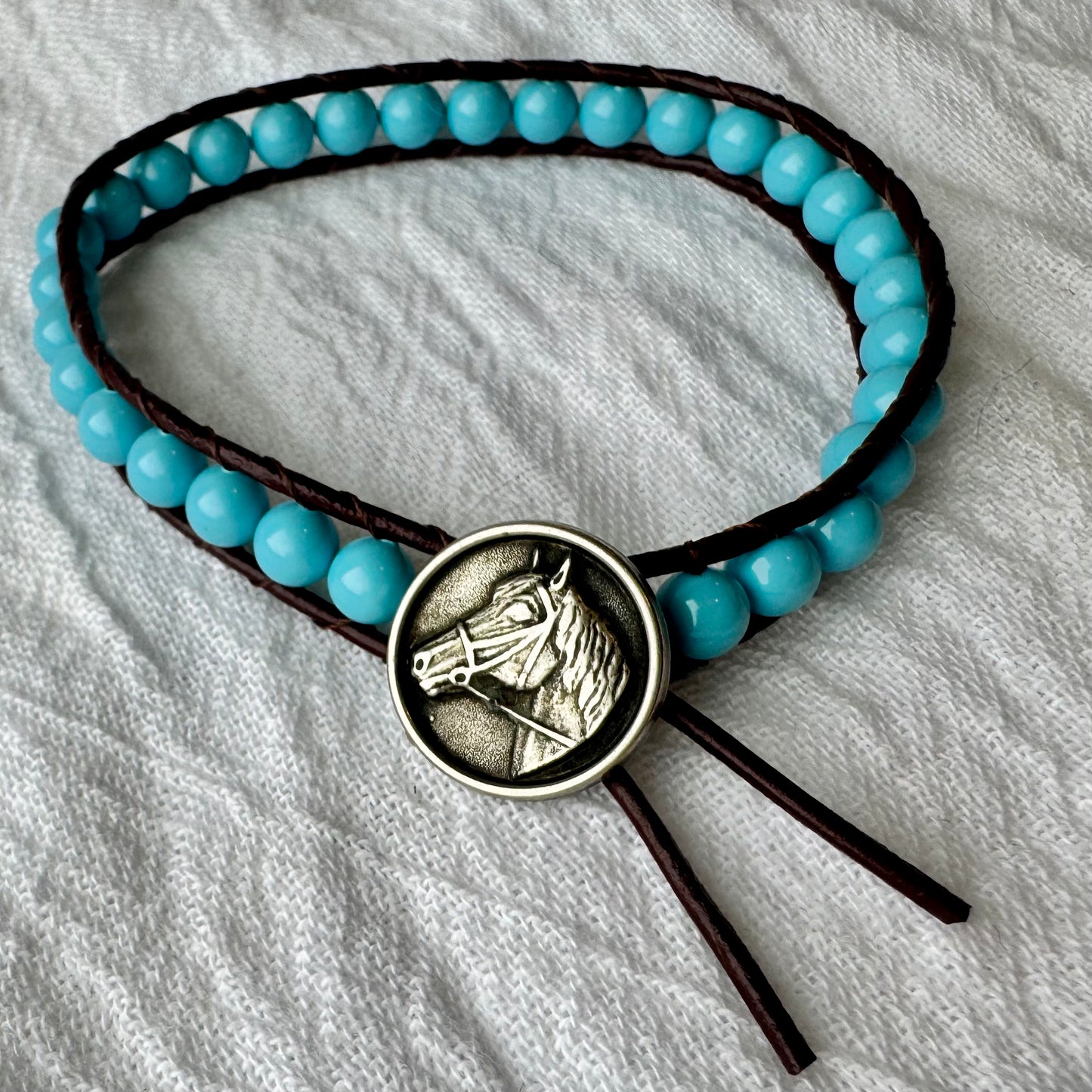 Leather Wrap Bracelet with Blue Swarovski Pearls & Vintage Silver Horse Head Button