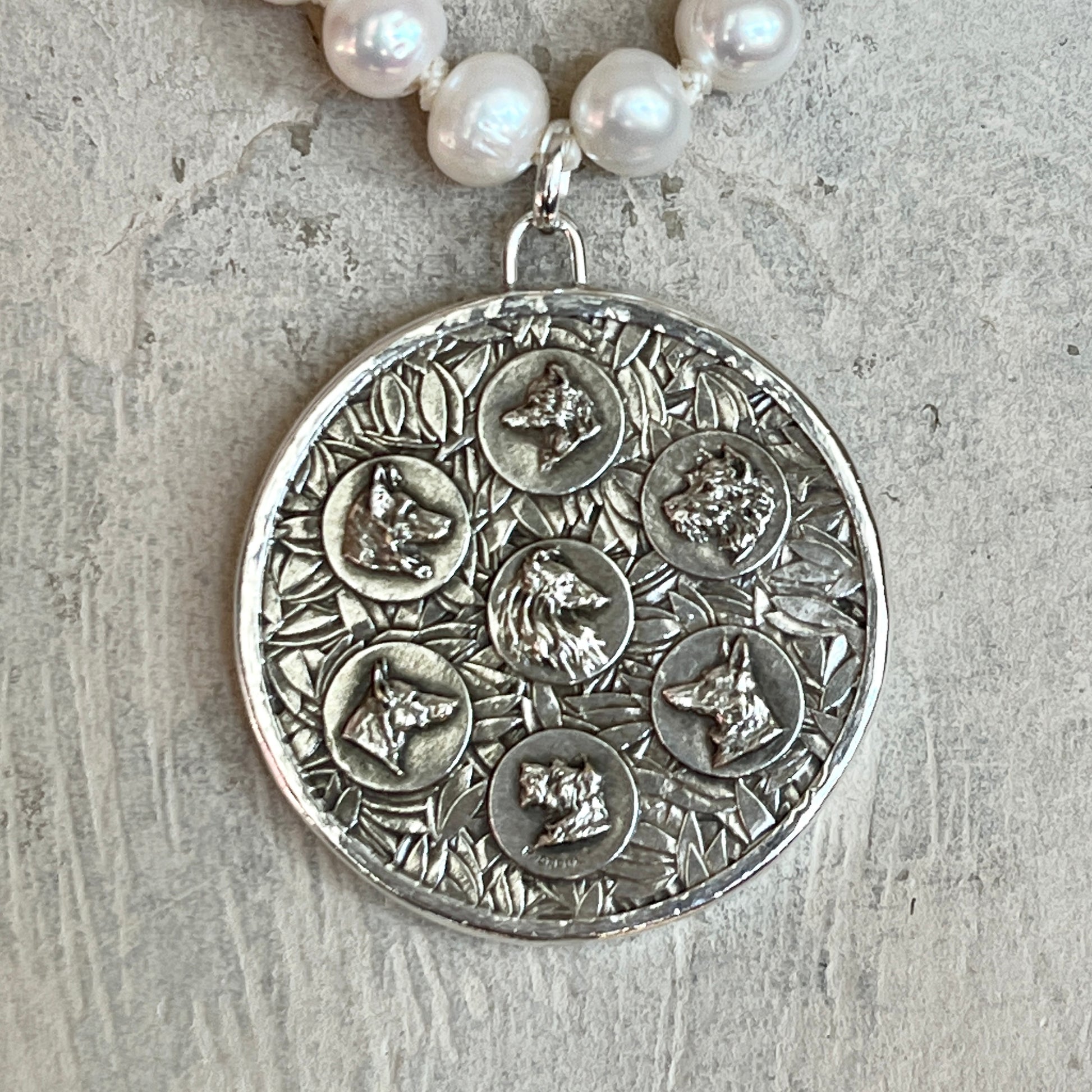 Silvered Working Dog Show Medal on White Pearls