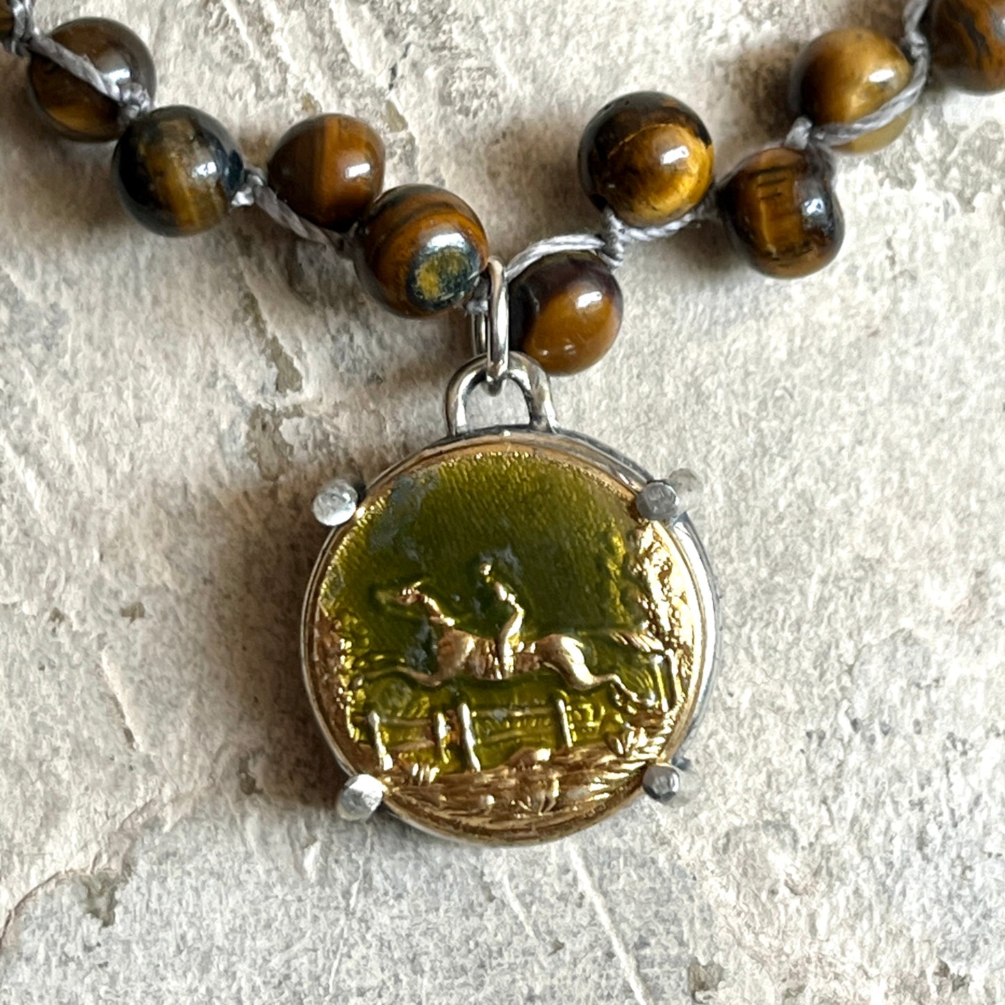 Beautiful Brass Galloping Horse Button Necklace