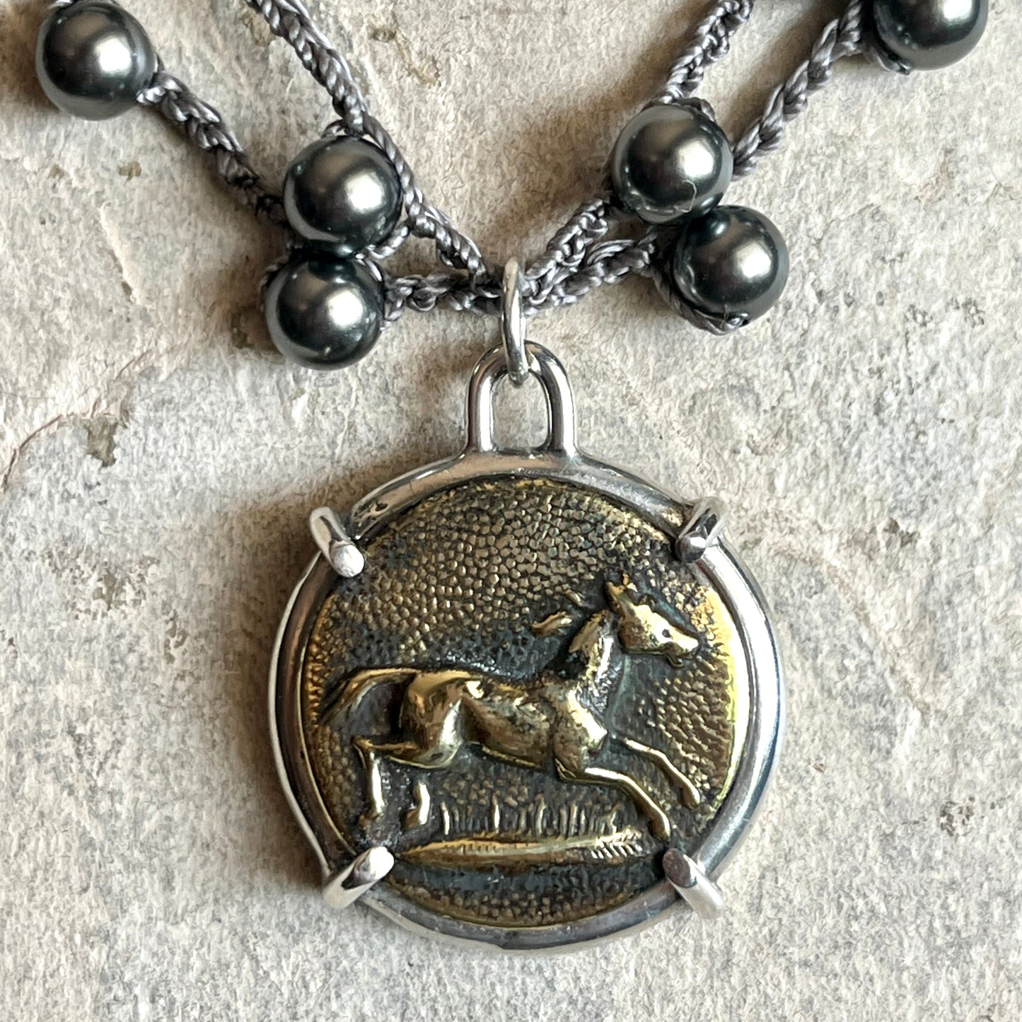 Brass Galloping Horse Button Necklace