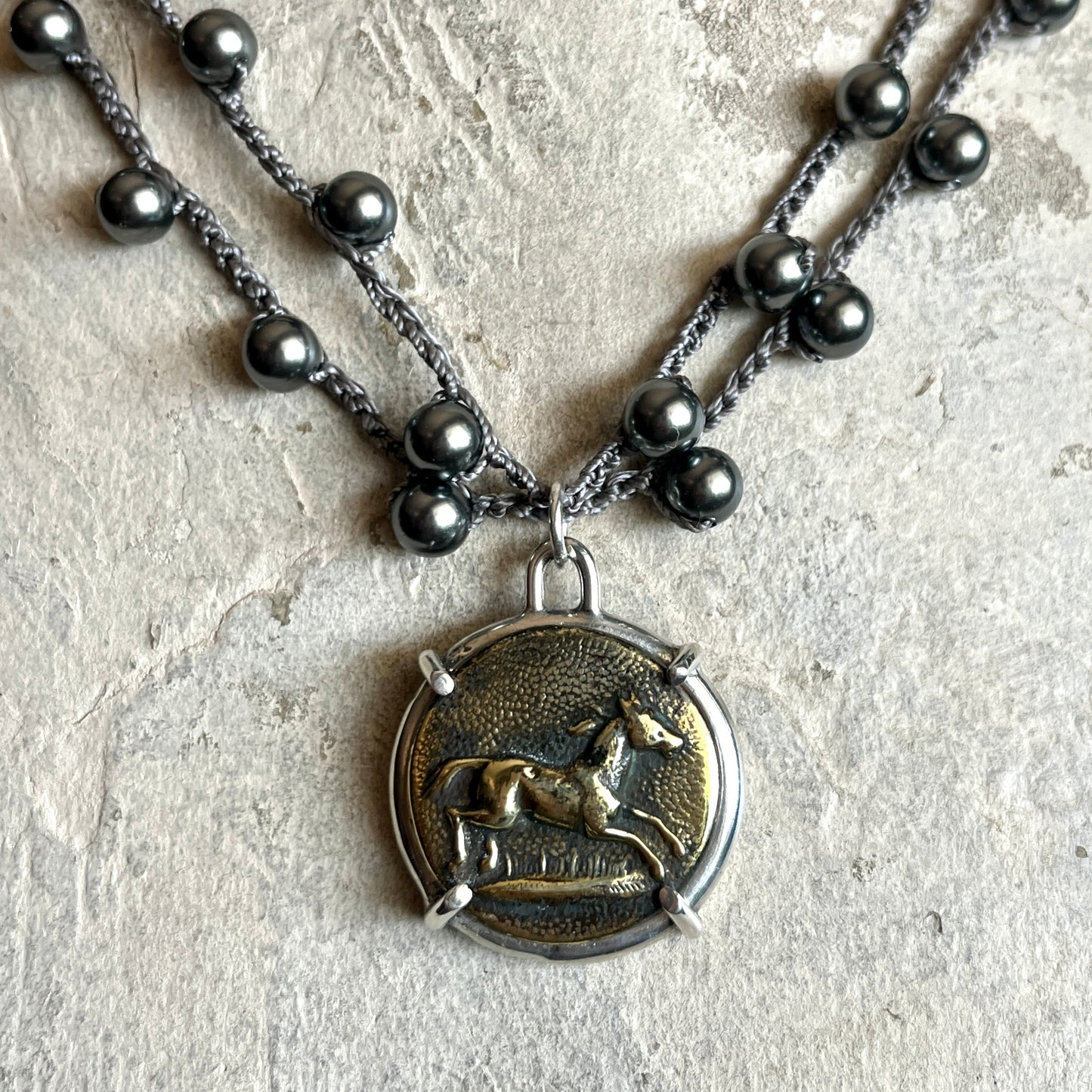 Brass Galloping Horse Button Necklace