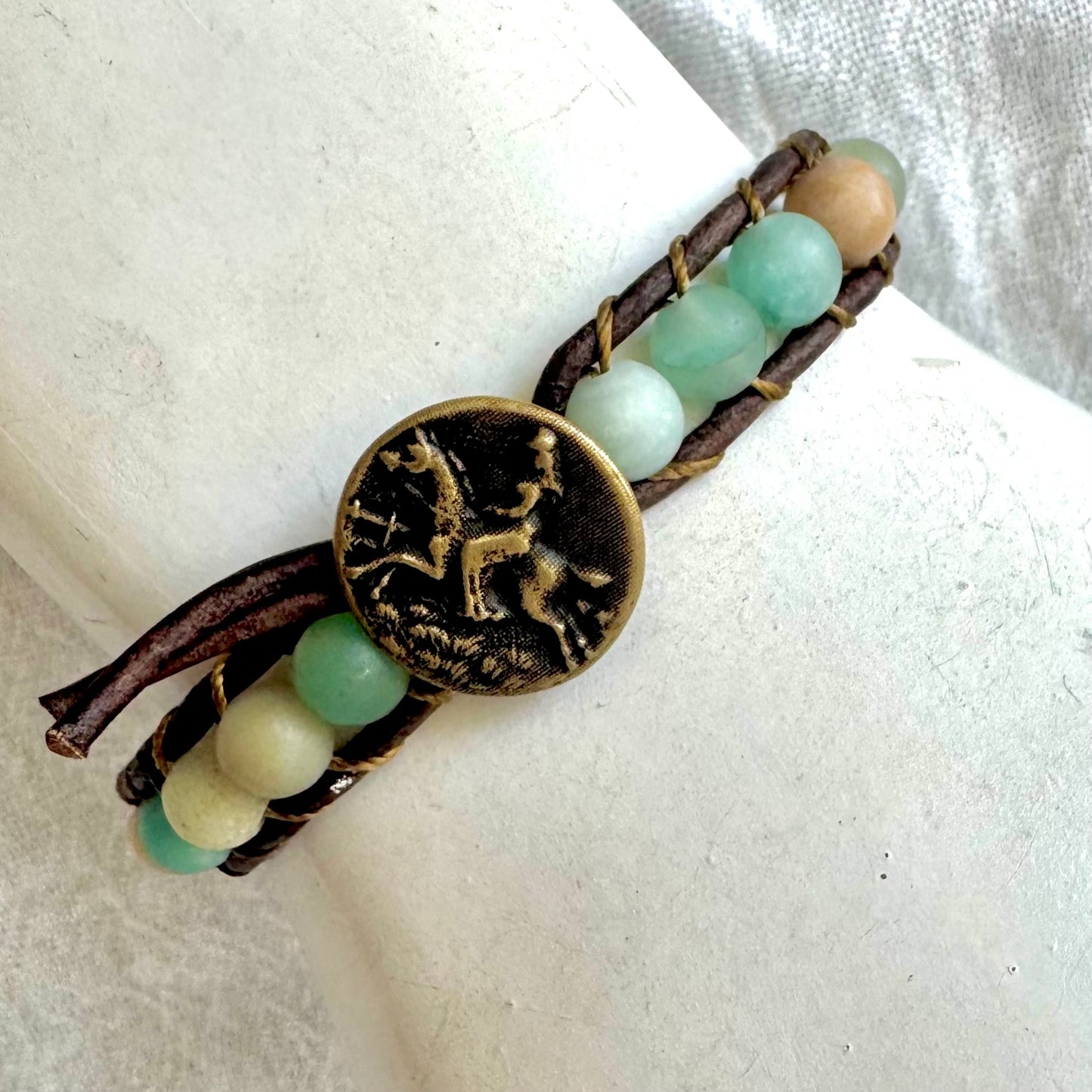 Leather Wrap Bracelet with Matte Amazonite & Vintage Brass Button