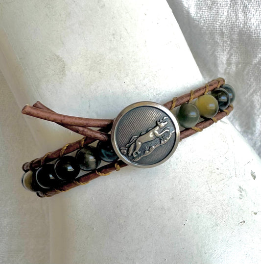 Leather Wrap Bracelet with Dream Tiger Eye & Silver Jumping Fox button
