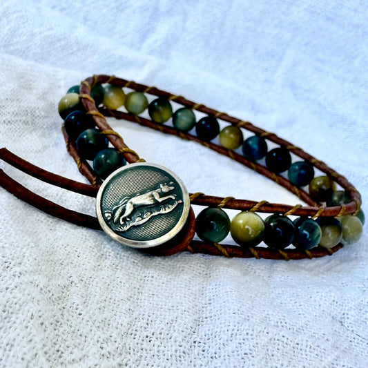 Leather Wrap Bracelet with Dream Tiger Eye & Silver Jumping Fox button