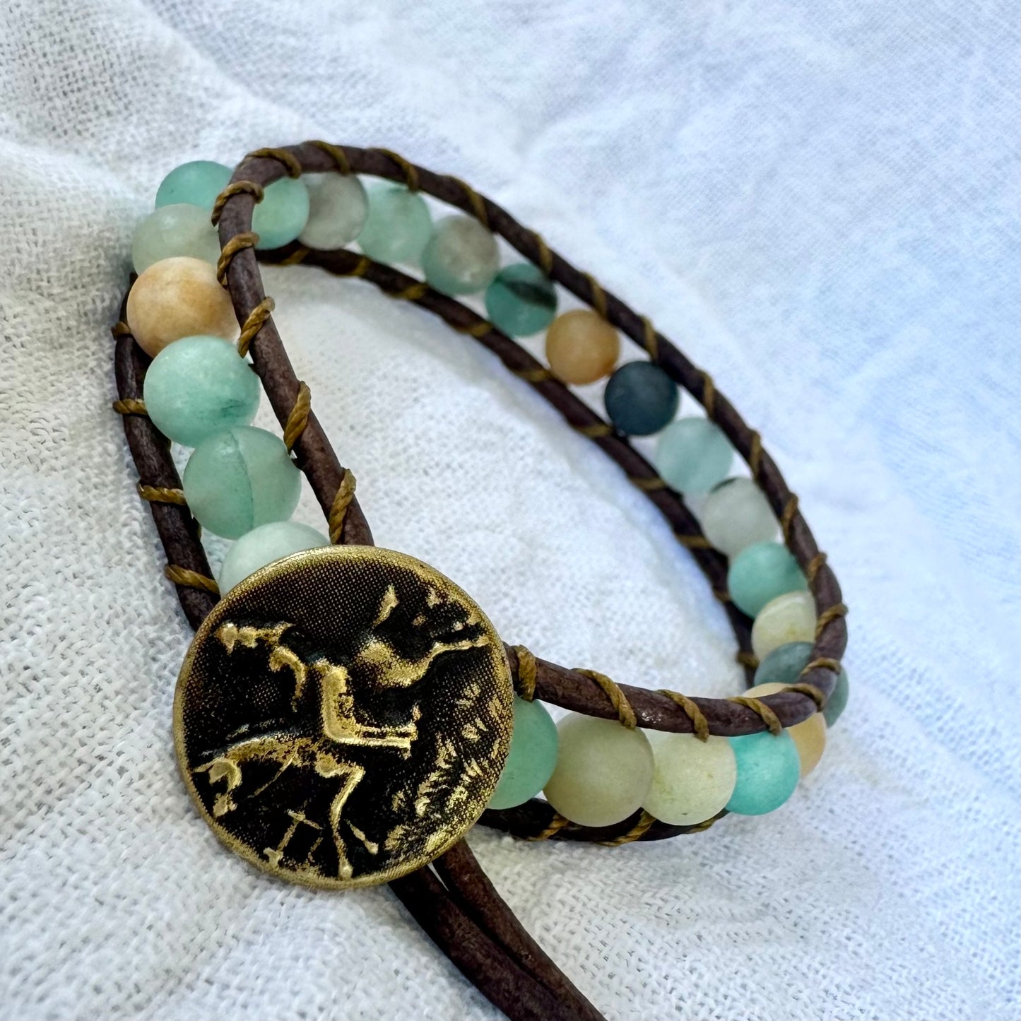 Leather Wrap Bracelet with Matte Amazonite & Vintage Brass Button