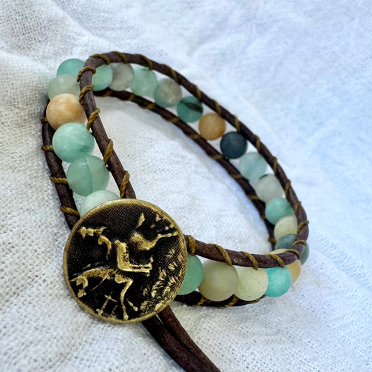 Leather Wrap Bracelet with Matte Amazonite & Vintage Brass Button