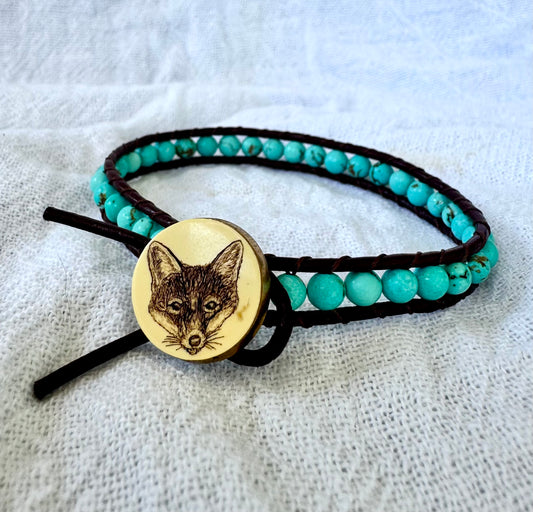 Leather Wrap Bracelet with Amazonite & Scrimshaw Fox Maxk Button